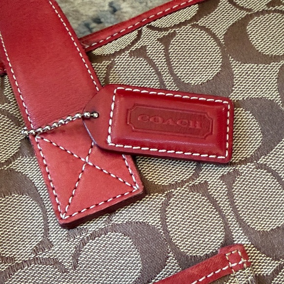 Vintage Coach Logo Canvas with Red Leather Tote Bag - Picture 3 of 12